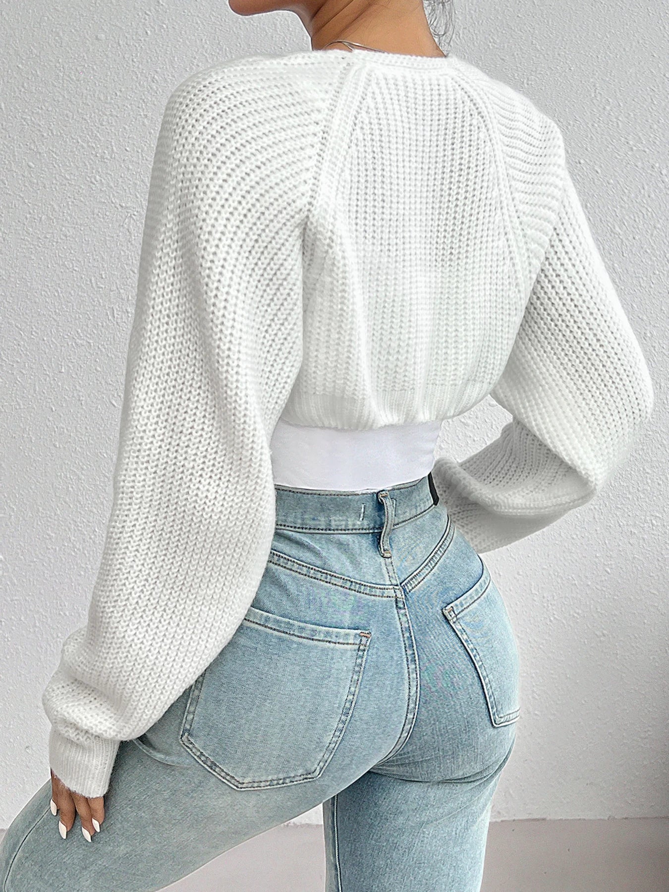 Shrug Raglan Sleeve Open Front Cardigan Elegant Solid Color Ribbed Knitted Cardigan for Spring & Fall Women'S Clothing